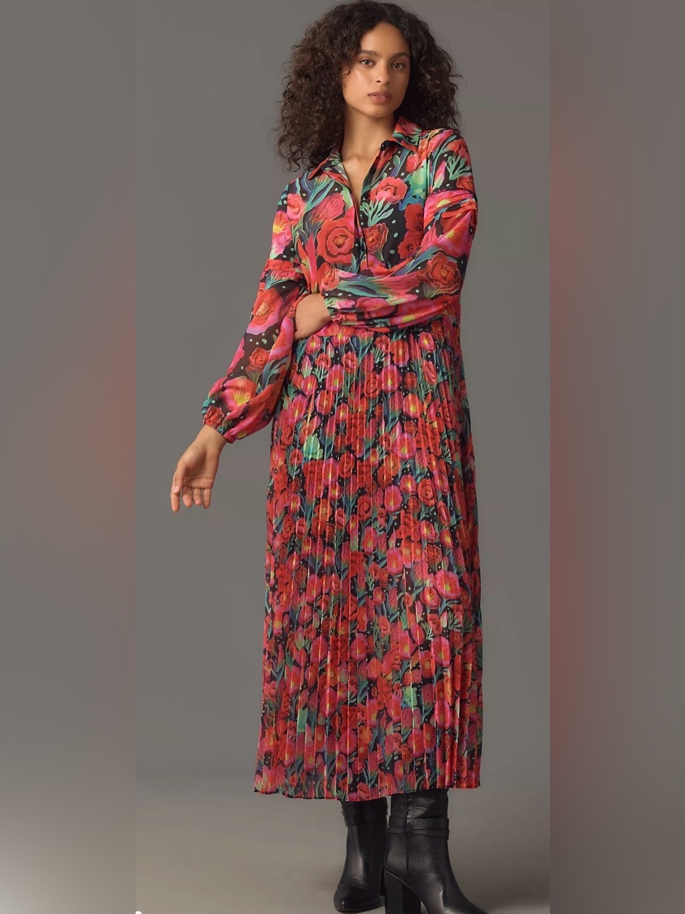 Farm Rio Anthropologie Floral Print Pleated Maxi Dress Bishop Sleeve XS
